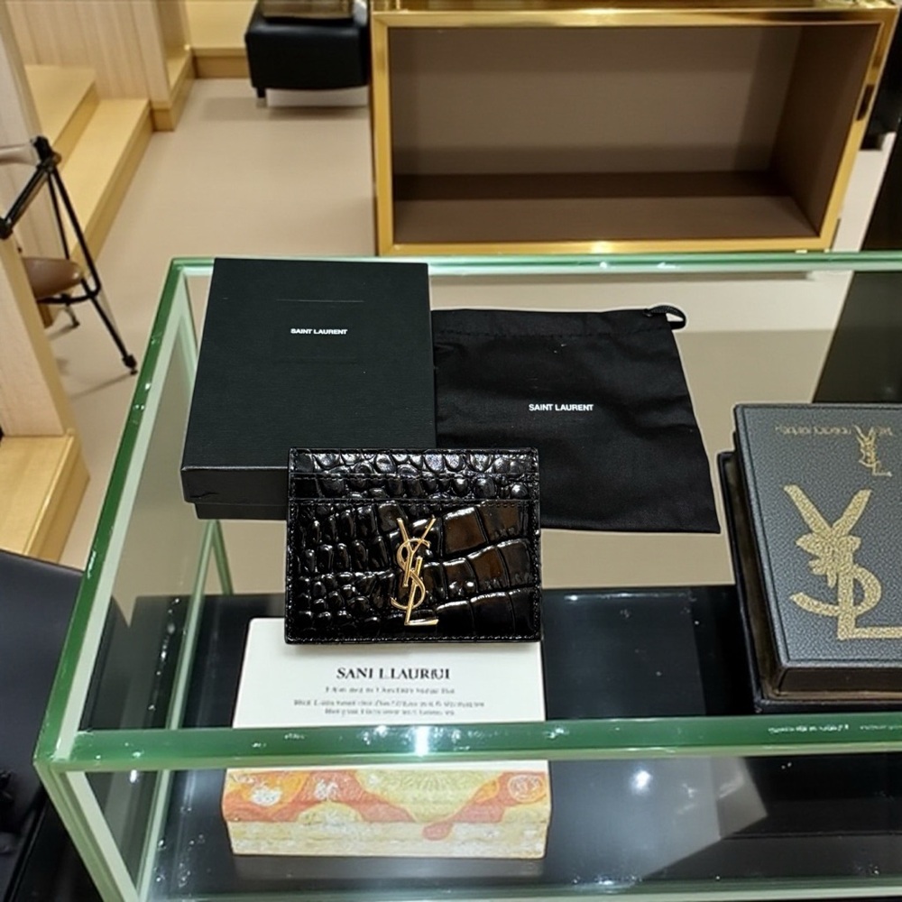 Saint Laurent Glossy Black Croc Card Holder